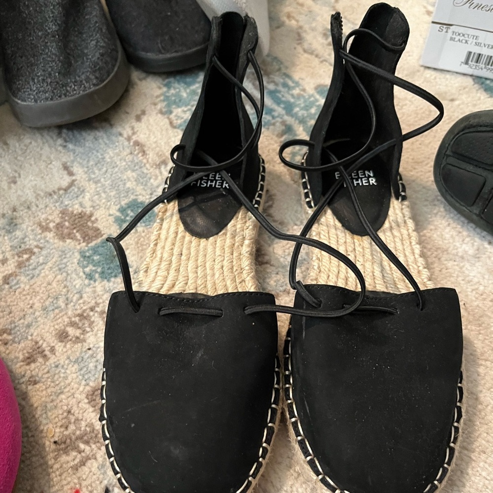 Eileen Fisher Black Lace-Up Espadrilles with Rope Sole